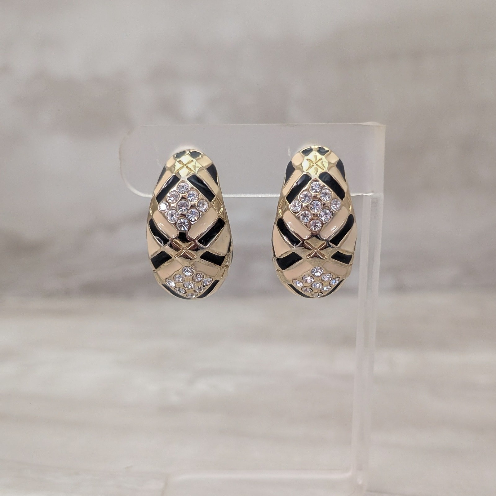 Vintage Clip On Earrings Chunky Gold Tone, Clear Gems, Black & Cream Enamel