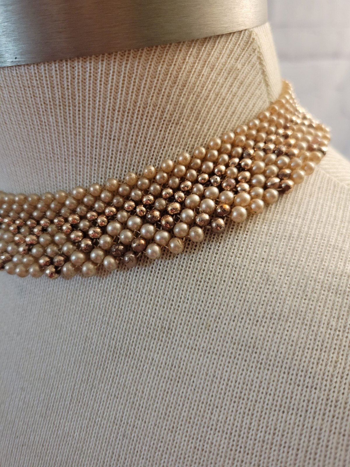 Vintage Choker Faux Pearl Beige Cream Gold Colors Hook Closure READ