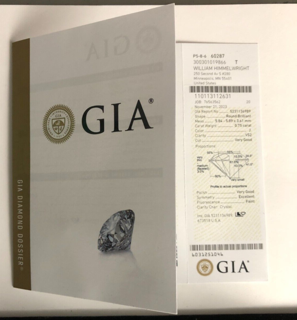 .75 Carat Billiant Round Diamond. GIA J Color. VS2 Clarity. Very Good Cut.
