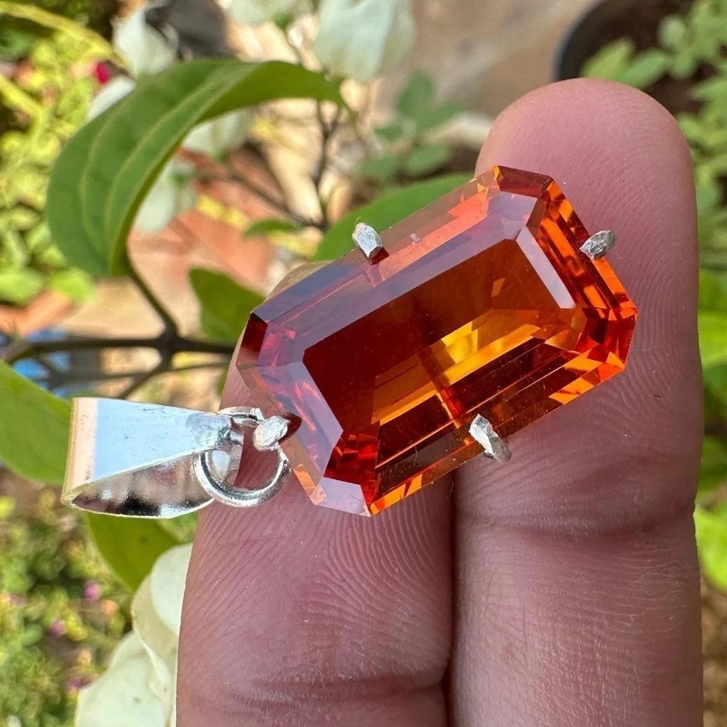 Natural 30 Ct Orange Sapphire Emerald Cut 925 Solid Silver Pendant Gemstone