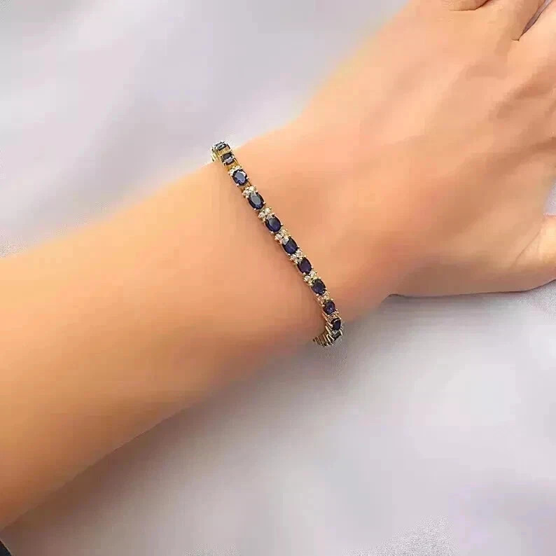 7Ct Oval Cut Lab-Created Blue Sapphire Tennis Bracelet 14K Yellow Gold Plated