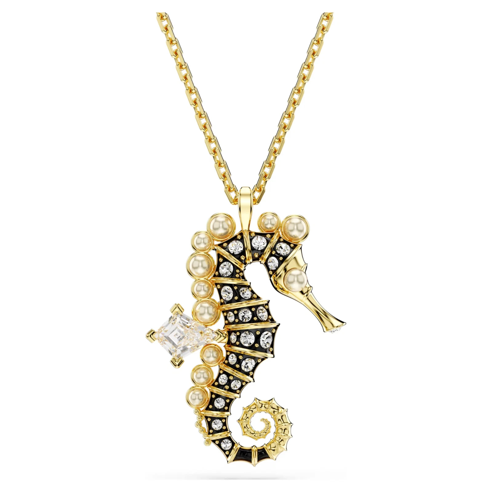Swarovski – Idyllia pendant Crystal pearls, Seahorse, White, Gold-tone plated
