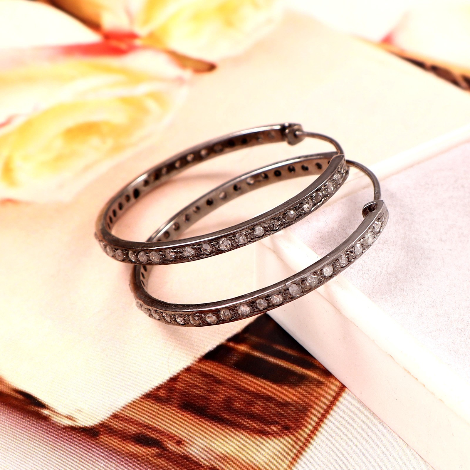1.45ctw Natural Rose Cut Diamond Hoop Earrings 925 Sterling Silver Handmade