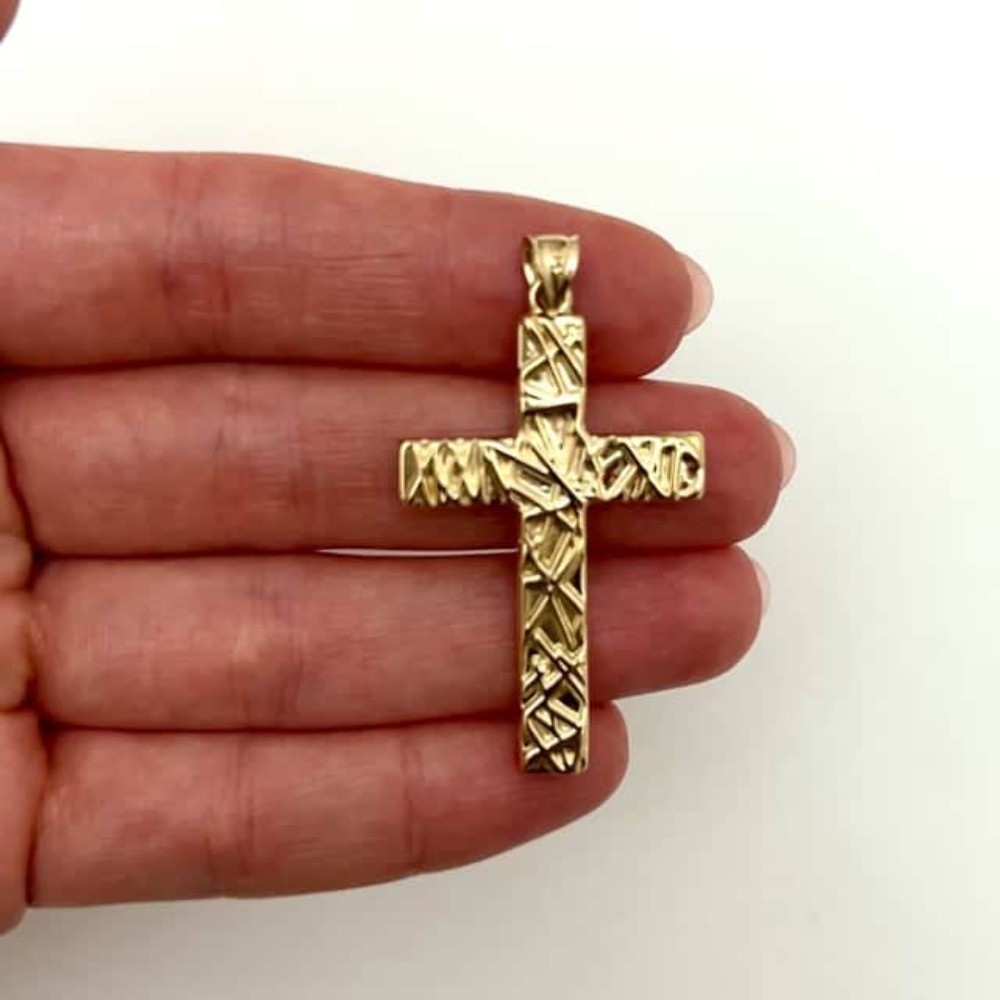 14K Real Gold Textured Cross Pendant 1.9″
