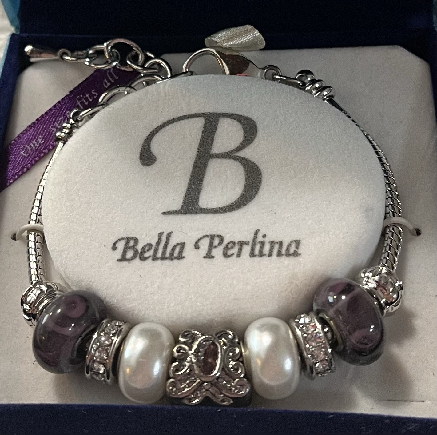Bella Perlina Charm Bracelet New In Box . Purple Glass Silver tone.