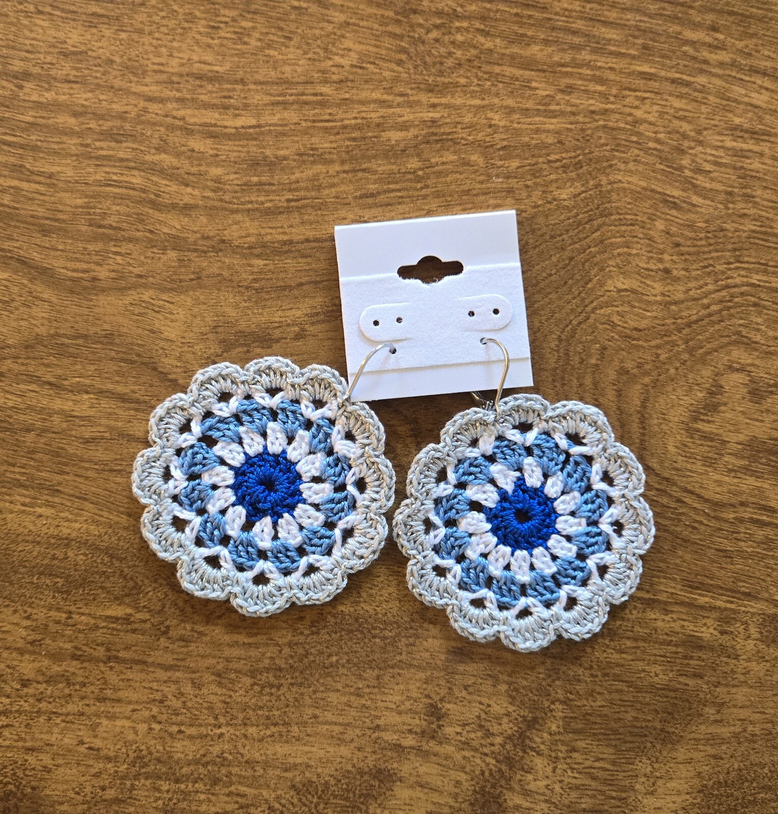 2″ Dallas Cowboys Inspired Crochet Earrings Blue White Silver Hand Made by Eve