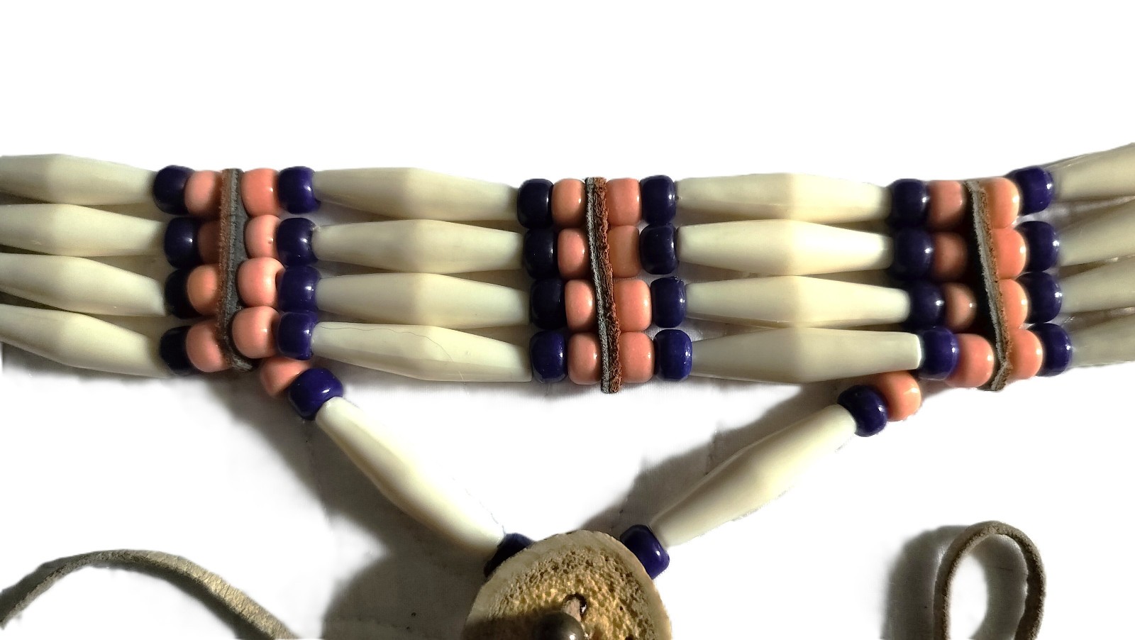 Vintage Native American Buffalo Bone Abalone Beads Leather Choker Necklace VGC!