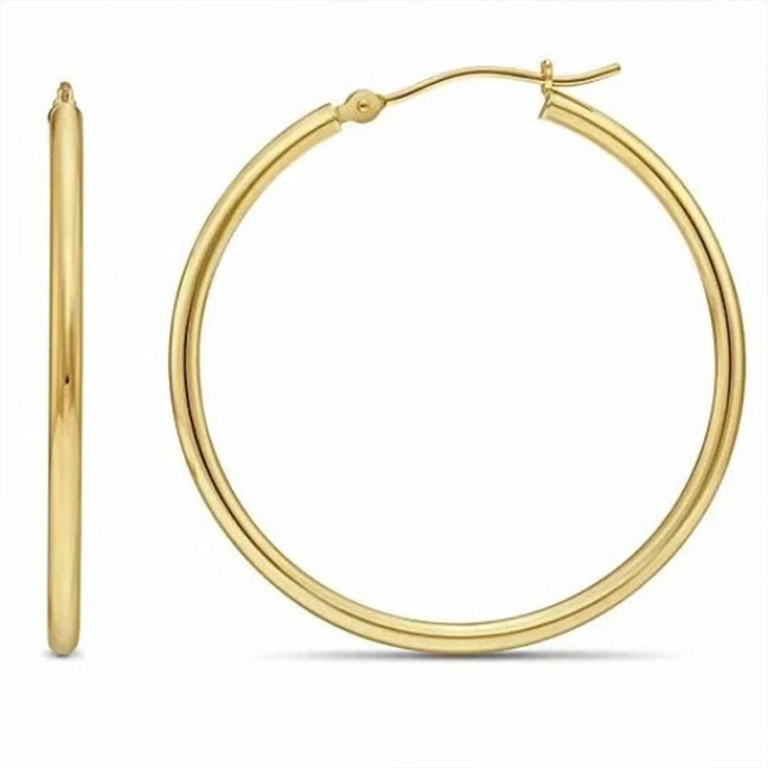 35mm 14K Real Solid Yellow Gold Shiny Polished Round Creole Hoop Earrings Gift