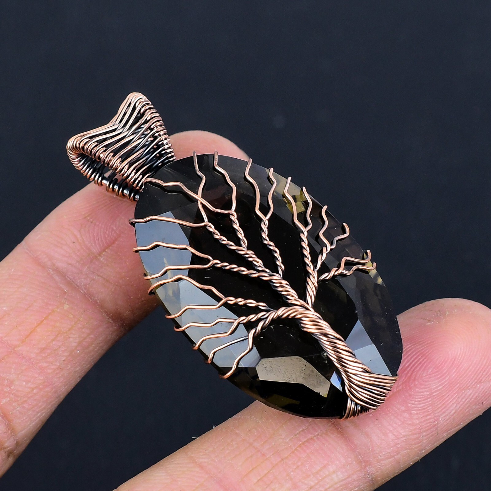 Tree Of Life Smoky Quartz Gemstone Copper Wire Wrapped Pendant Jewelry LC-406