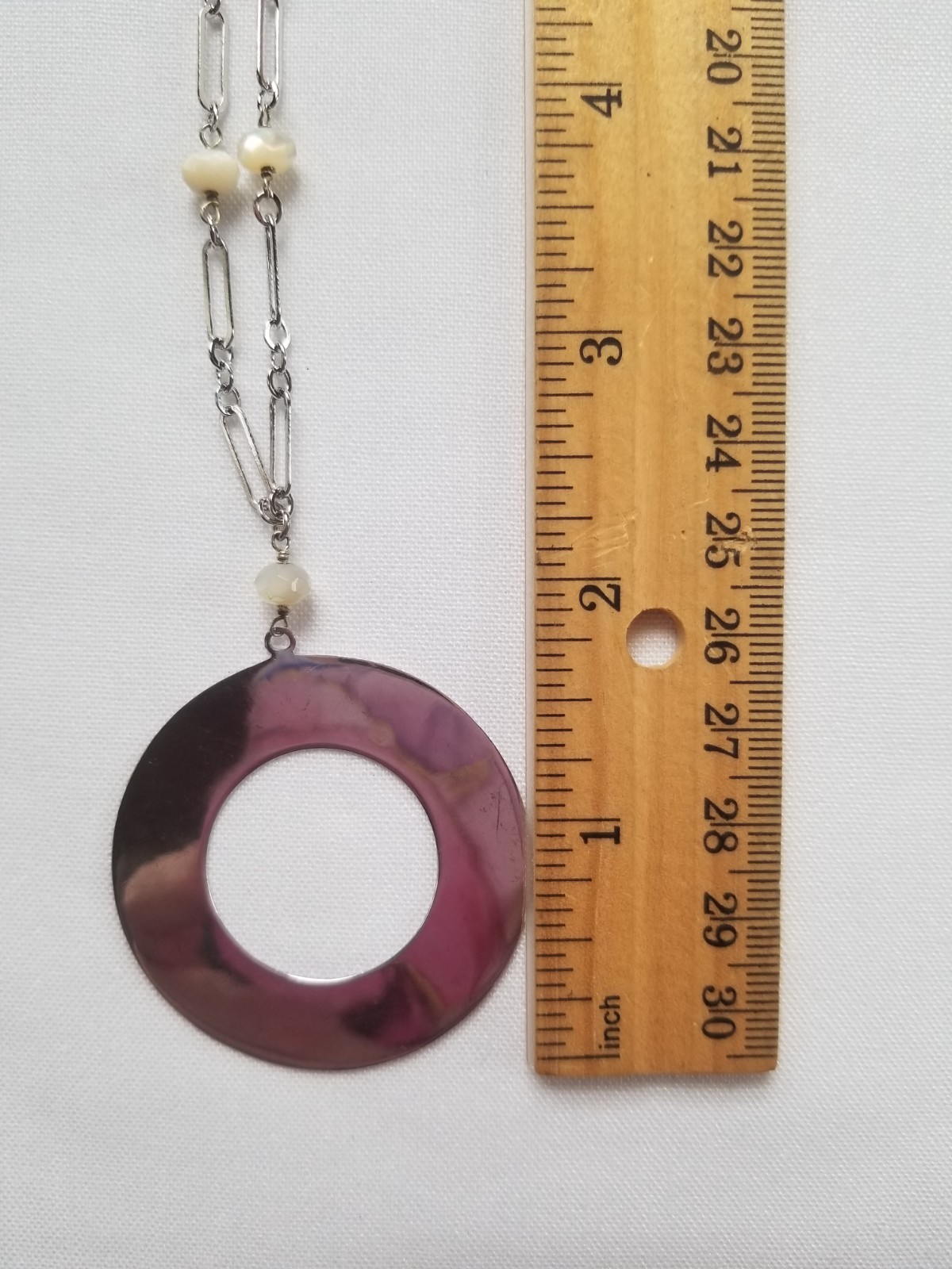 Sterling Silver Circle Pendant Necklace Paper Clip Chain White Quartz Italy 13g