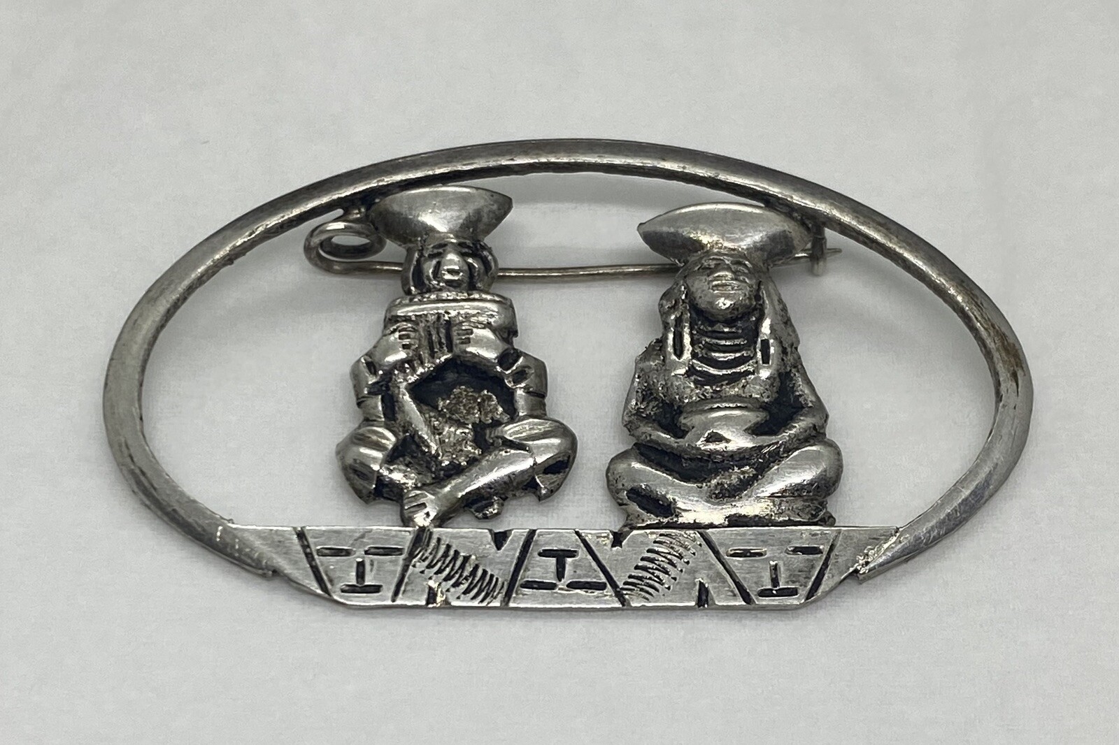 Vintage Mexico Sterling Silver Hand Crafted Villagers Pin Brooch 2.1/8” 6.80g