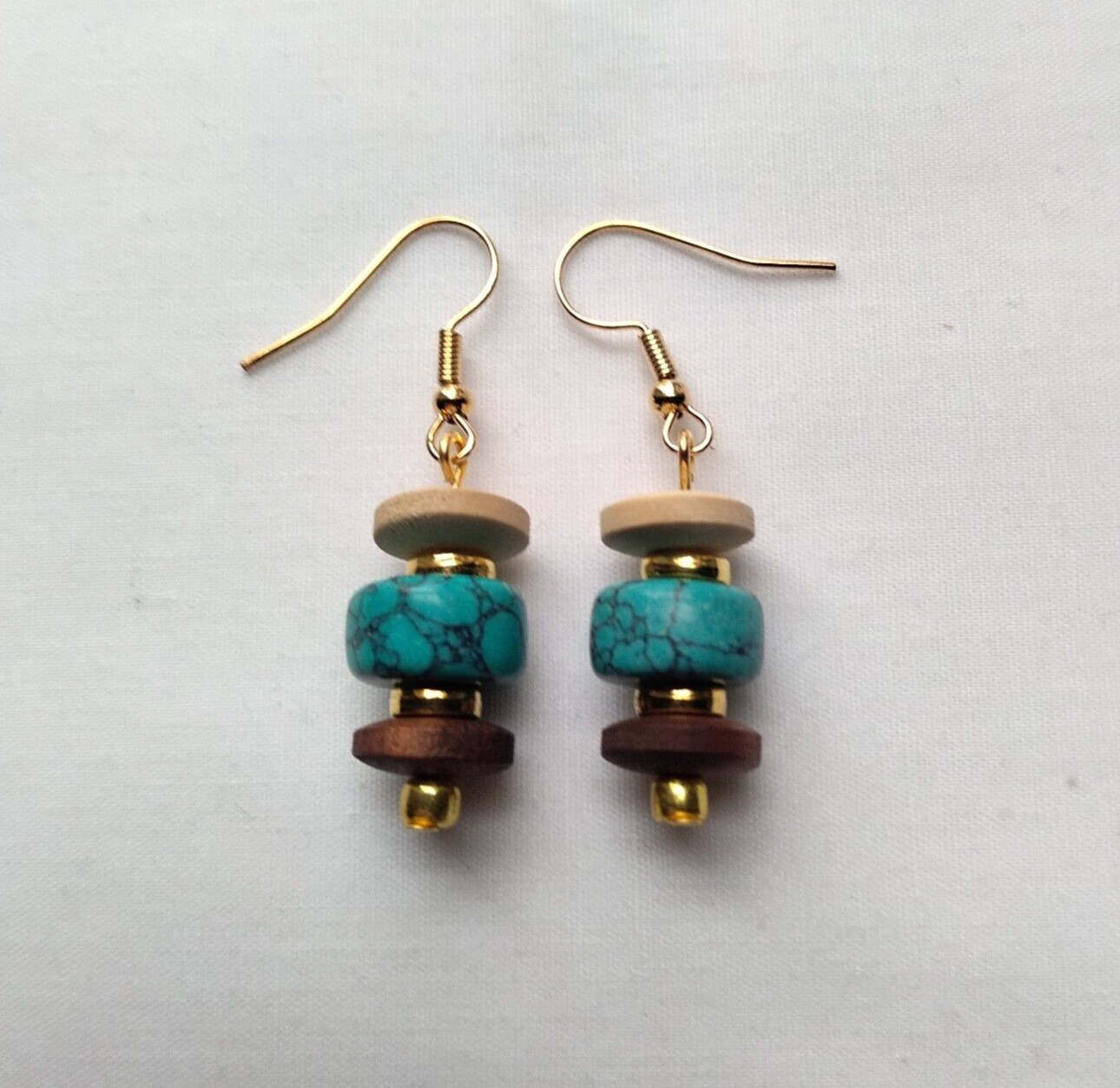 Earth Tone Wood Turquoise Howlite Beaded Dangle Earrings Handmade Gold Tone Boho