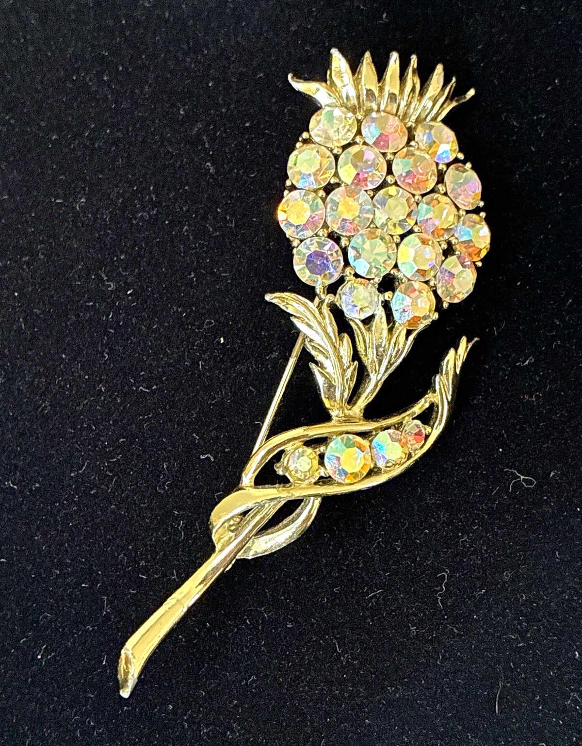 Flower Brooch Pin Gold Tone Metal Multicolor Rhinestone Crystal Prong Set
