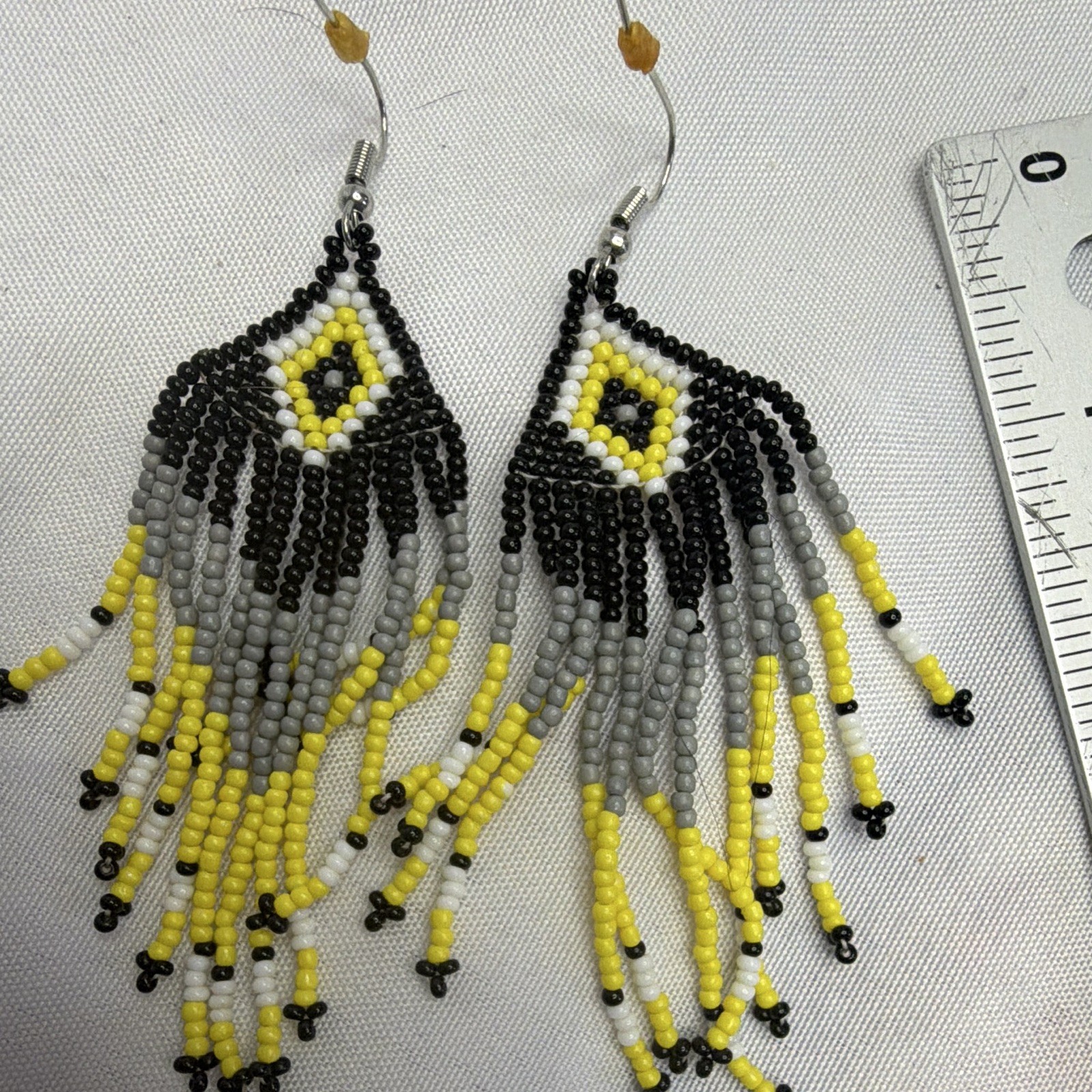 Handmade Seed Bead Fringe Earrings Yellow Black Gray Boho Tribal Dangle Earrings