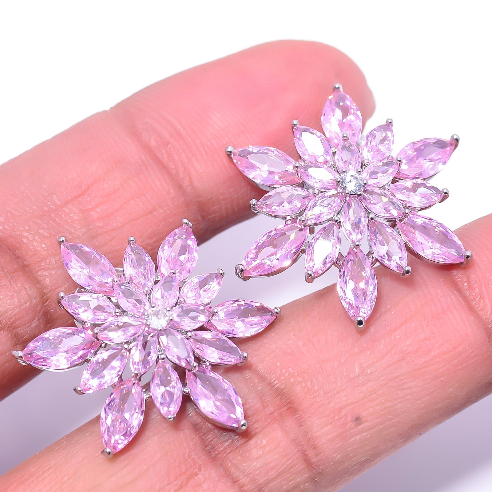 Pink Sapphire – Simulated & CZ 925 Sterling Silver Flower Earring 0.98″ E14