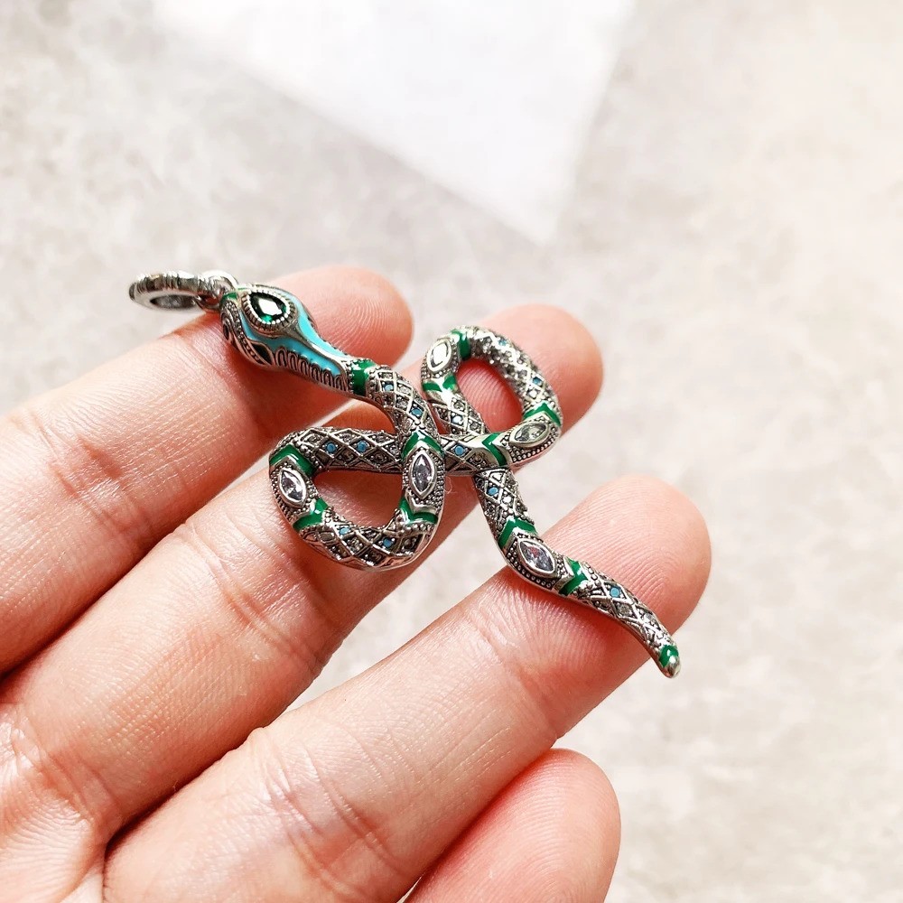 Snake Serpant Turquoise CZ Pendant 925 Sterling Silver 2.8 Inches Long