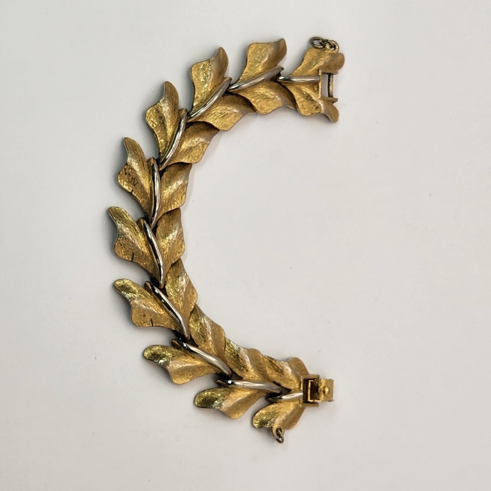 Vintage Monet Gold Tone Leaf Link Bracelet With Safety Chain Chunky Textured