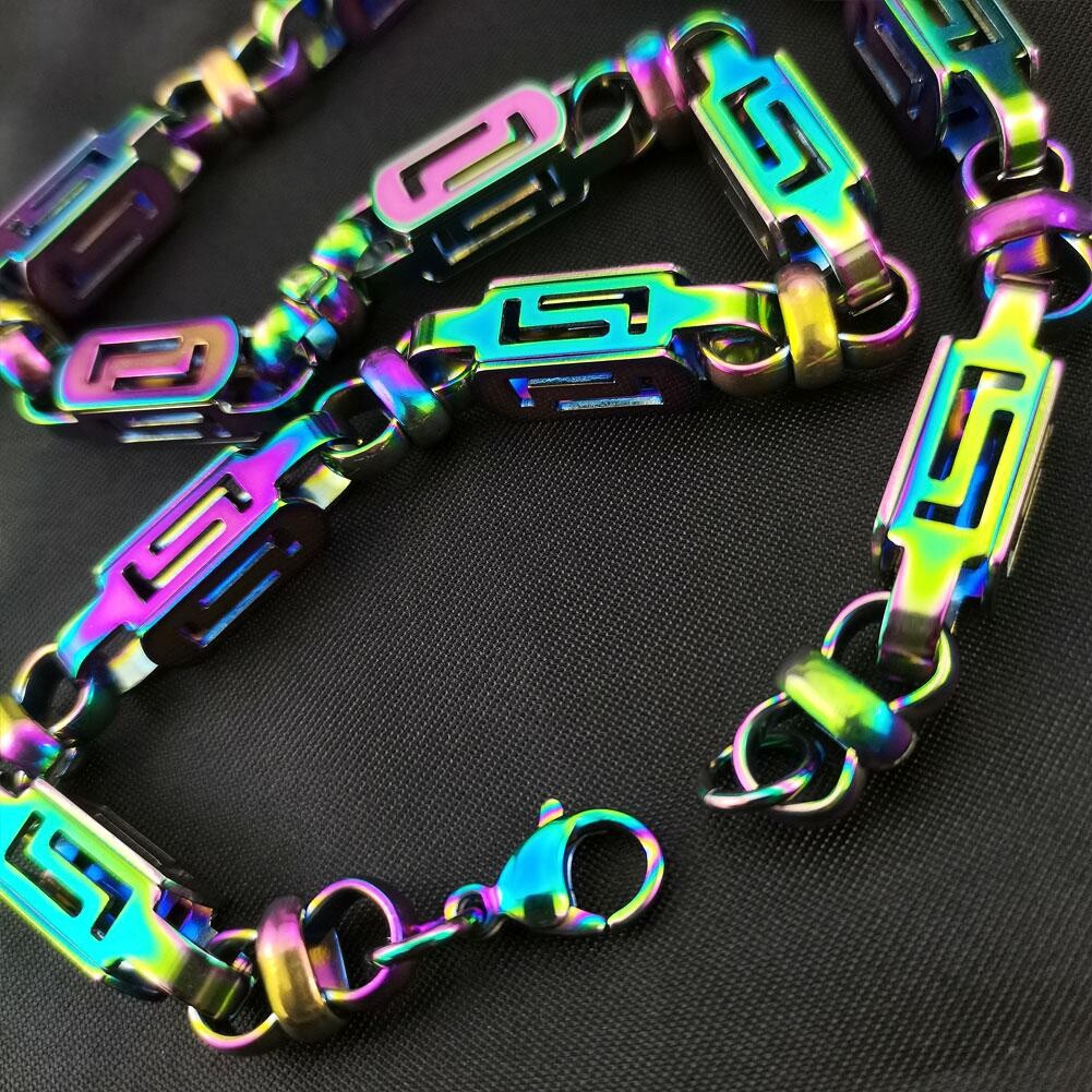 Rainbow Iridescent Stainless Steel 8.5mm Width Necklace Bracelet Chain Jewelry