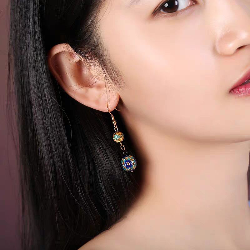Chinese Cloisonne Enamel Earrings Vintage Ethnic Dangle Earrings For Women