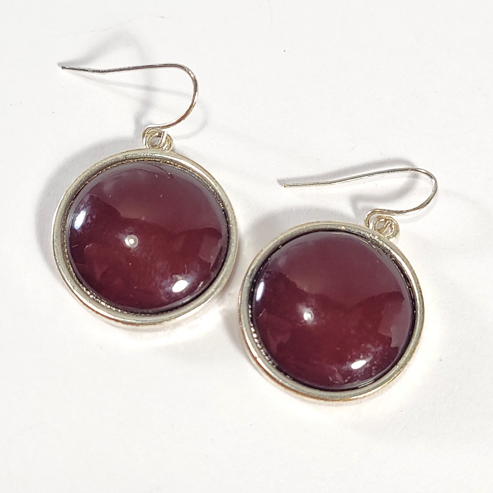 Burgundy Cabochon Drop Earrings Silver Tone Round Polished Classic Jewelry