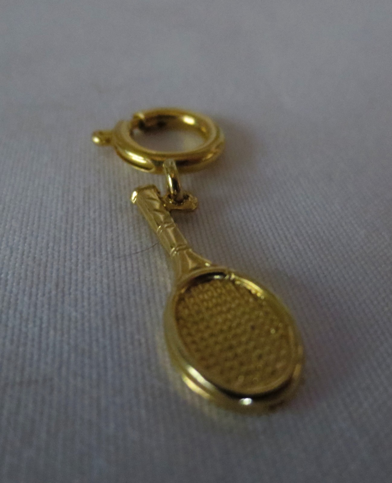 TENNIS RACKET CHARM Pendant Gold Tone Secure Clip Clasp Vintage Sporting Jewelry