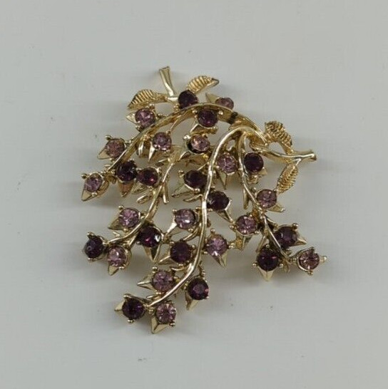 Brooch Branches & Leaves Purple & Pink Crystal Rhinestones Vintage Jewelry