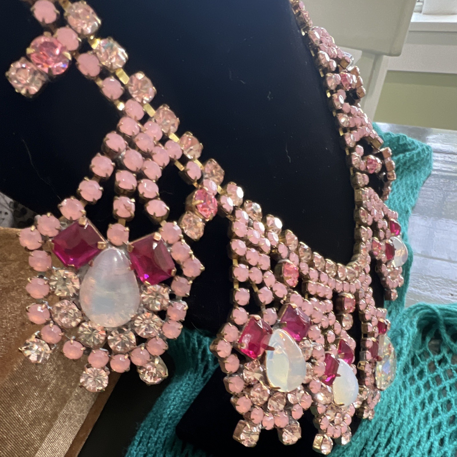 Pink & Clear Vintage Crystal Bib Statement Necklace, Prong-Set Round Stones