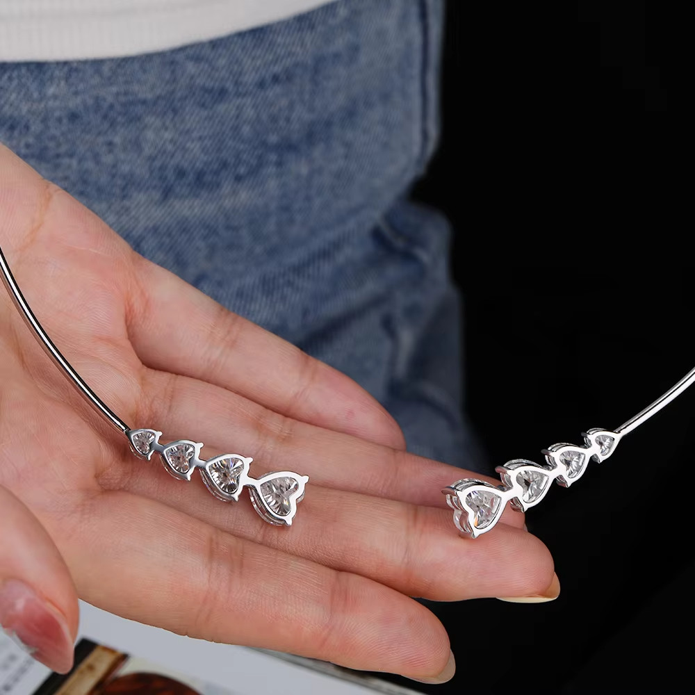 13CTW Heart Cut Real Moissanite 925 Sterling Silver Necklace Open Choker Collar