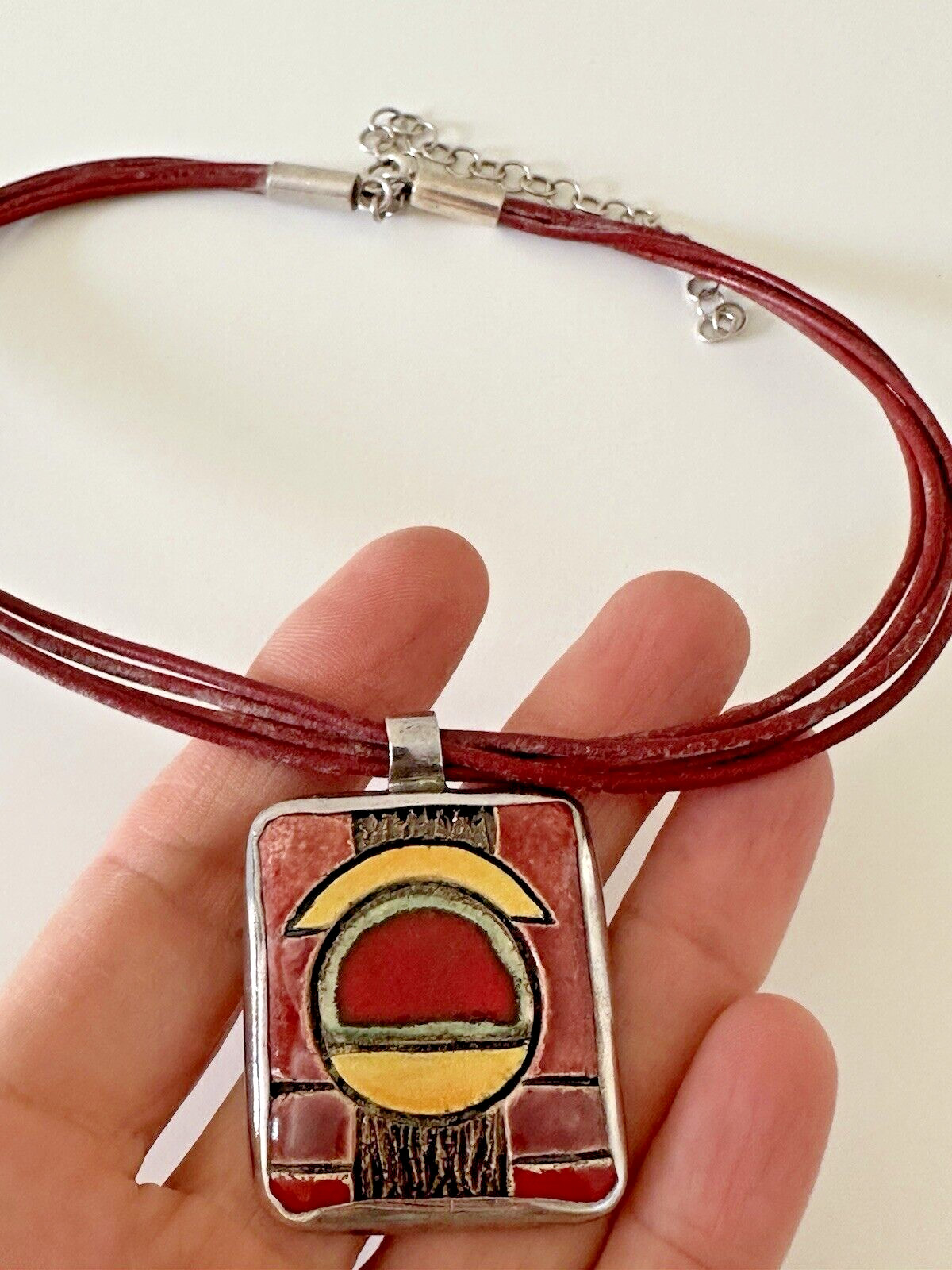 Sterling silver Pendant Necklace Leather Cord Artist Made Red Ceramic Geometric