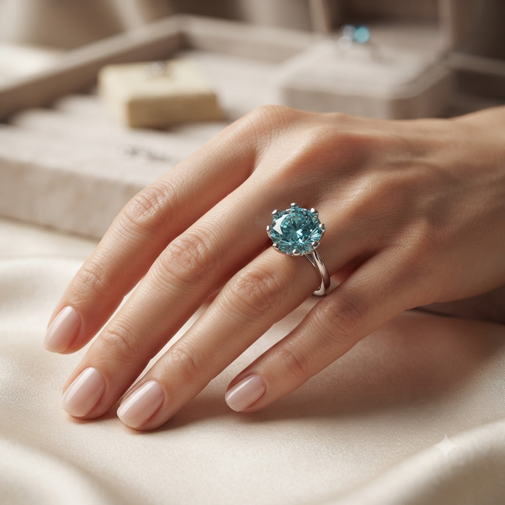 RARE 11.90 Ct Portuguese Cut Treated Blue Diamond Ring, 925 Silver Certified