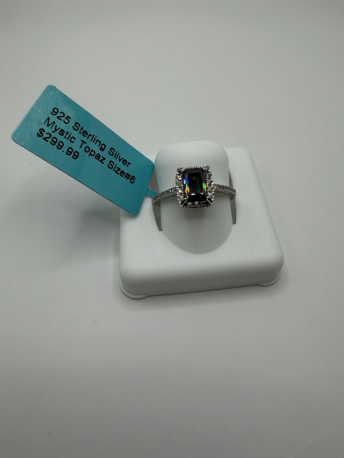 Stamped 925 Sterling Silver Mystic Topaz Emerald Prong Halo Ring Size 6
