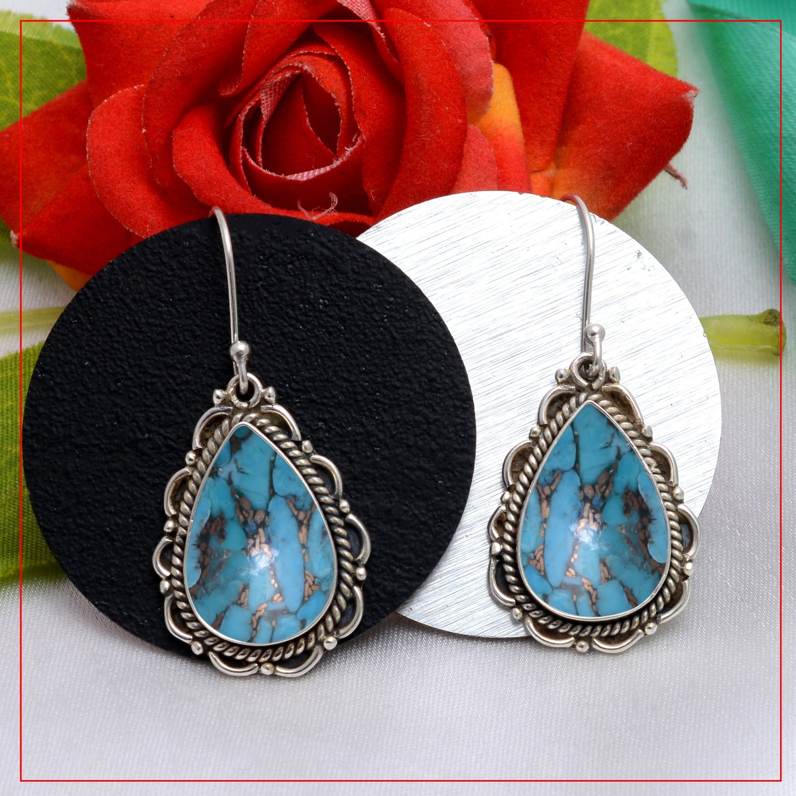 Turquoise Blue Copper Sterling Silver Earring For Women Unique Artisan Jewelry