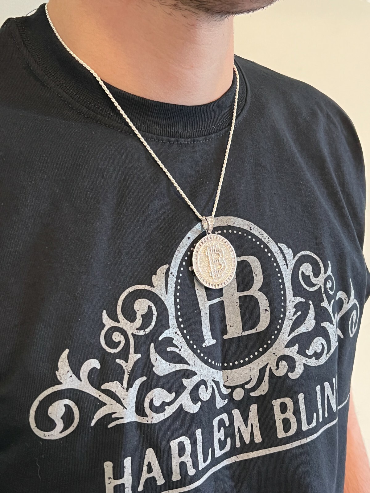 Solid 925 Silver 14K Gold Plated Bling Out BITCOIN CZ Hip Hop Pendant Necklace