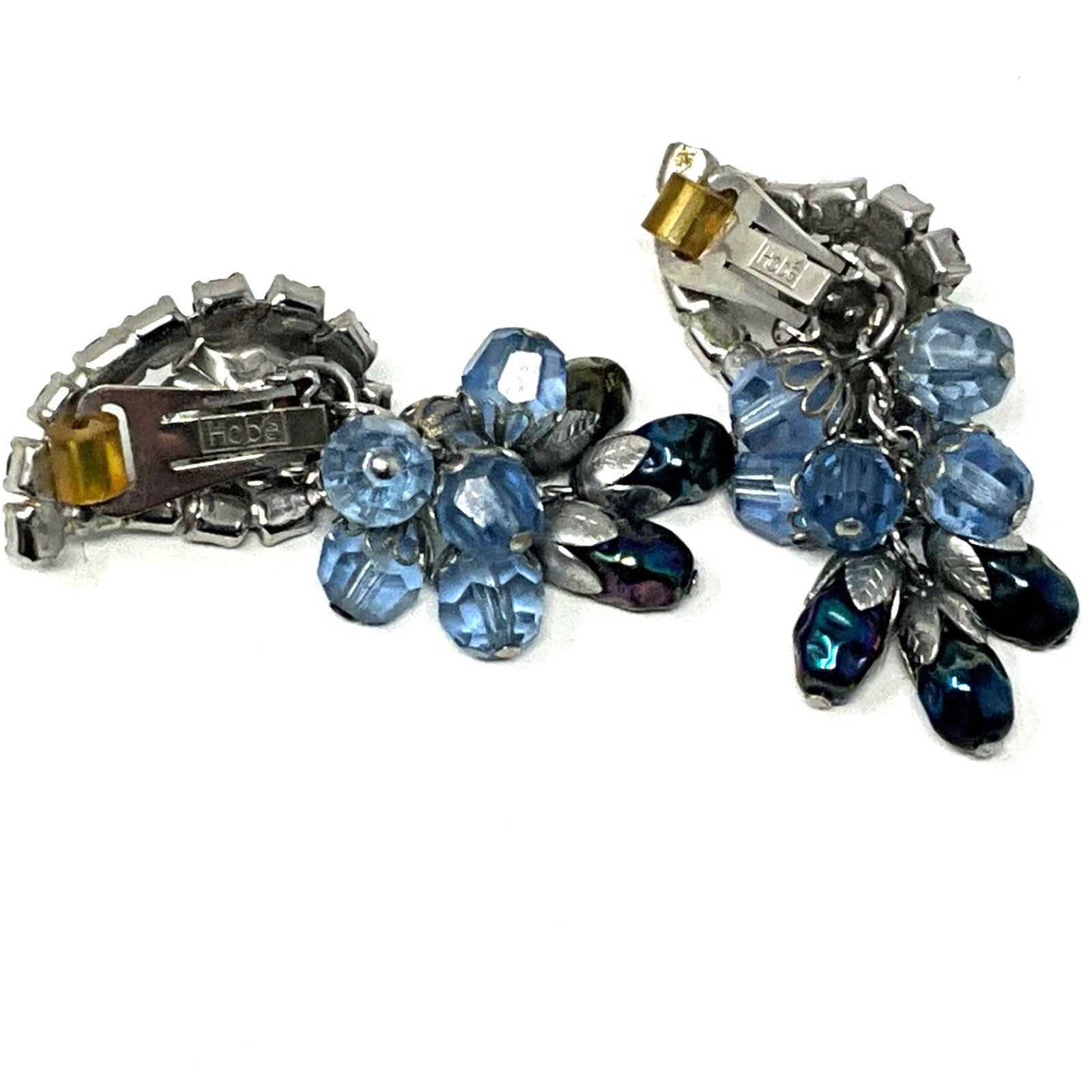 Vintage Signed Hobe Pastel Blue Bead Rhinestone Clip On Earrings Waterfall