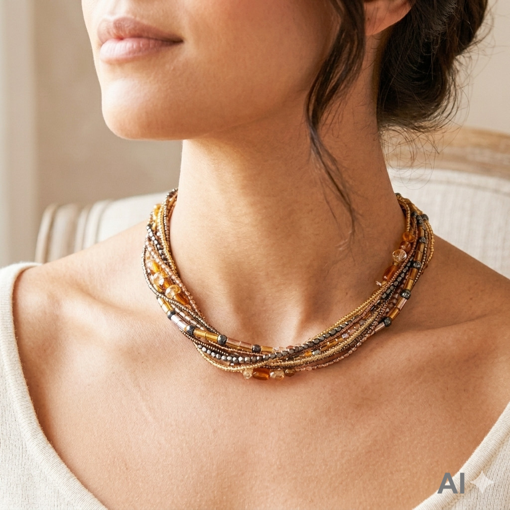 Citrine Gemstone Hematite Glass Bead Multi Strand Necklace Gold Tone 18″ Collar