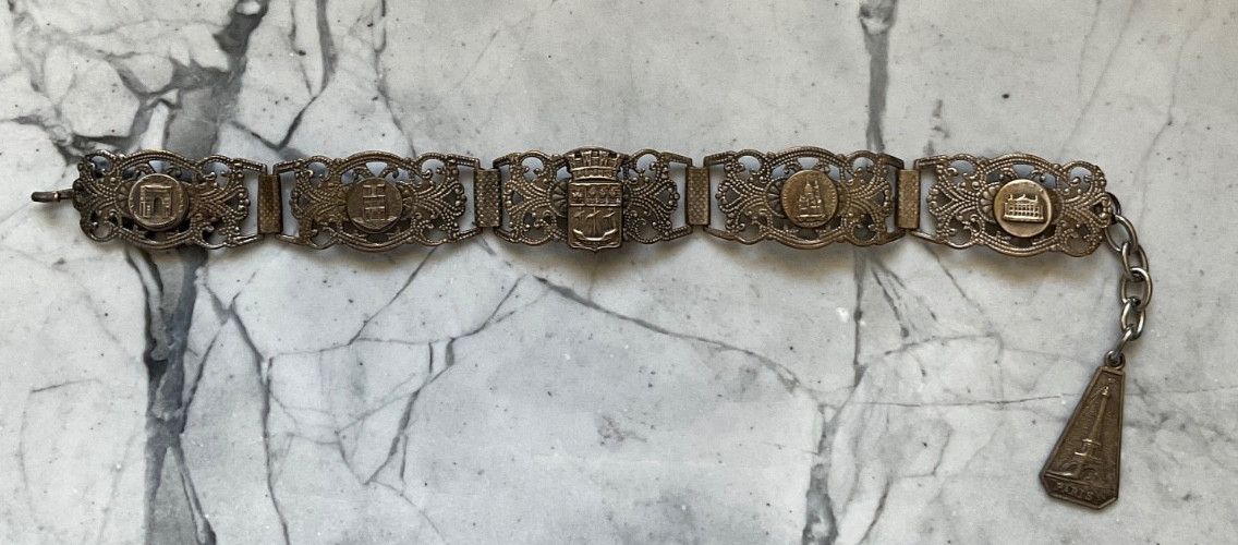 Vintage Travel Filigree Souvenir Paris Panel Link Bracelet Dangle Charm