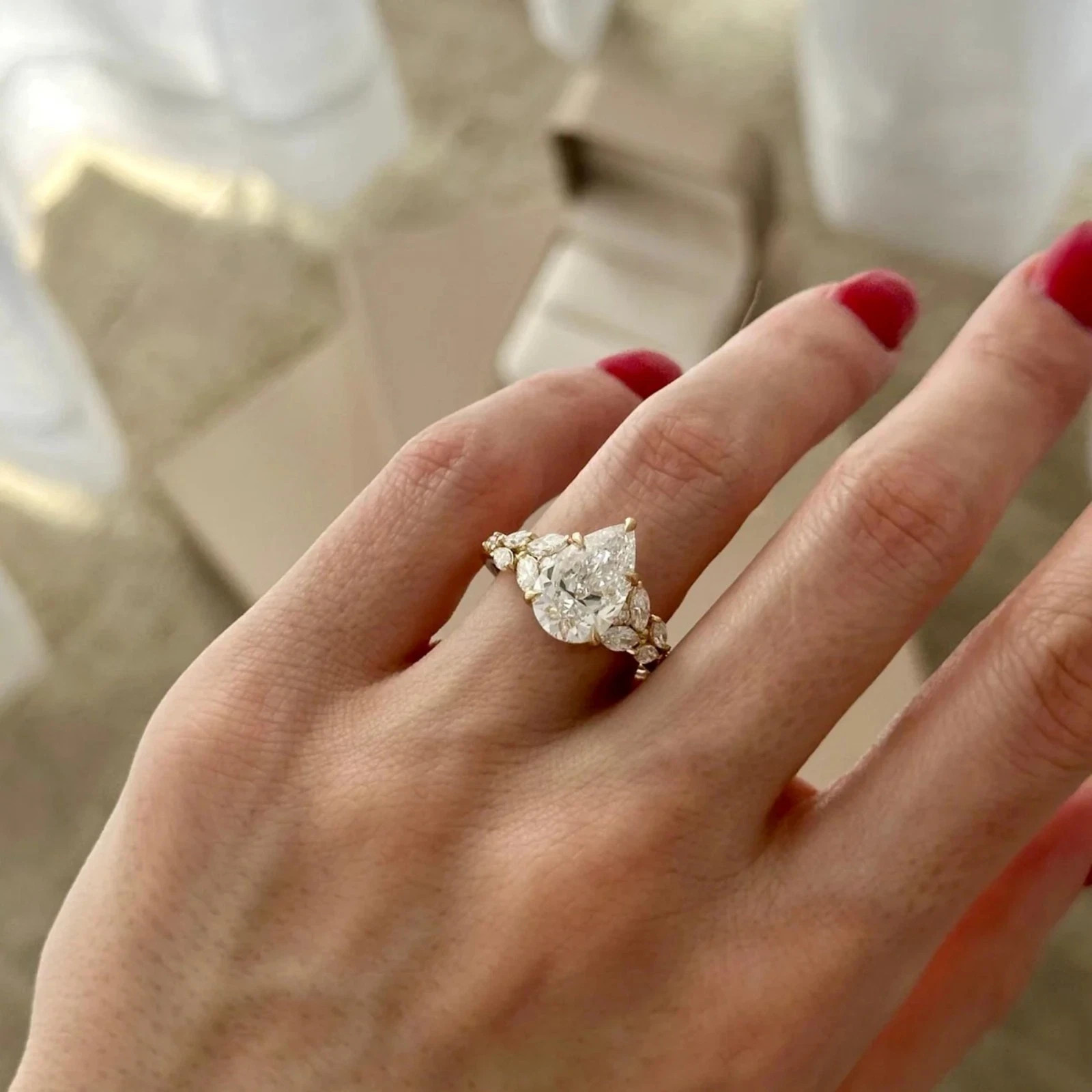 IGI 3.25 CT Pear F-VS1 Lab Grown Diamond Women Promise Gift Ring 14K Yellow Gold