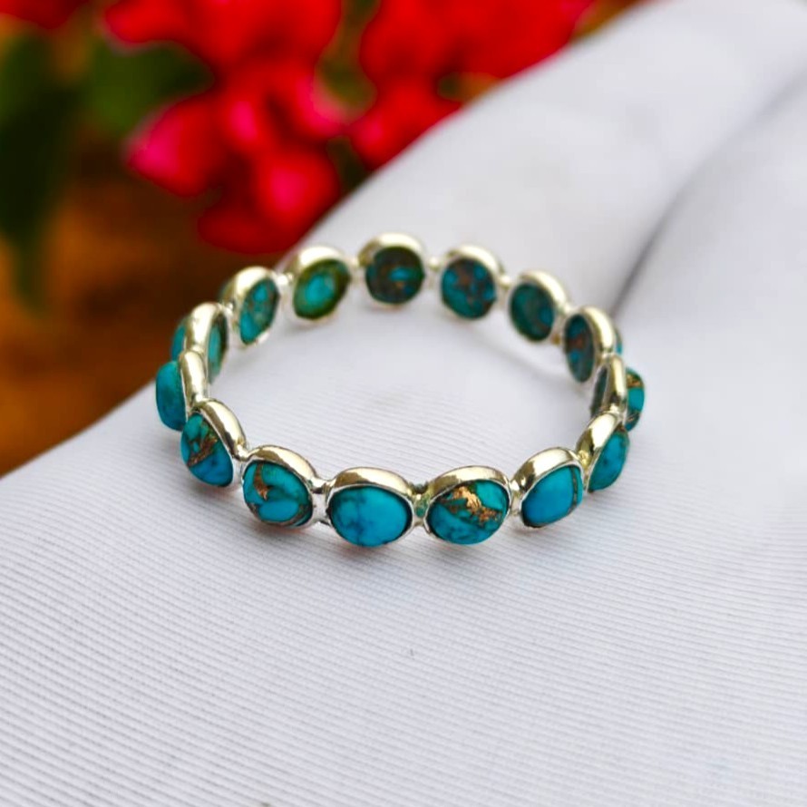 Natural Handmade Blue Copper Turquoise Sterling Silver Full Eternity Band Ring