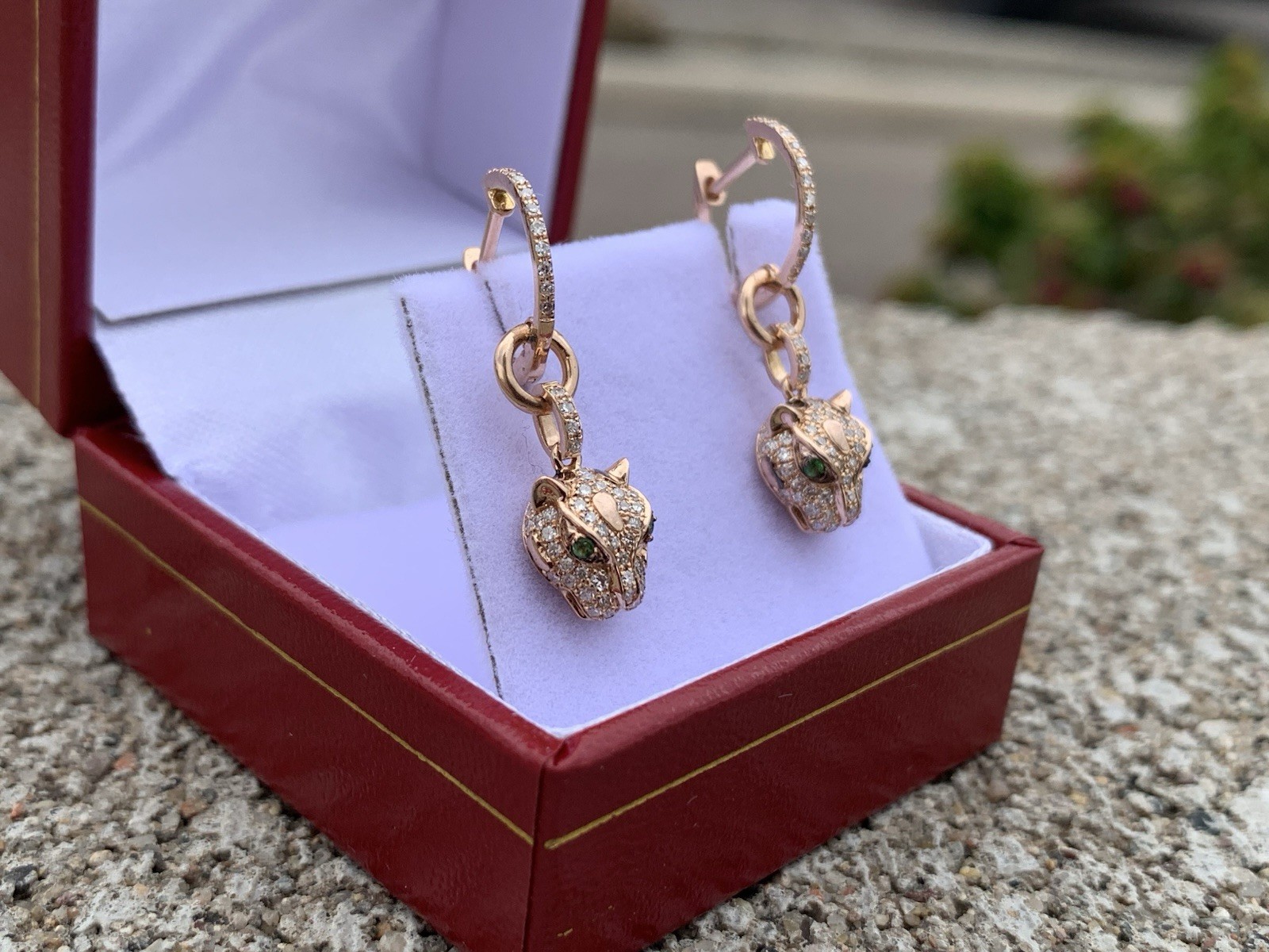 Effy 14K Rose Gold Panther Diamond Tsavorite Drop Dangle Earrings