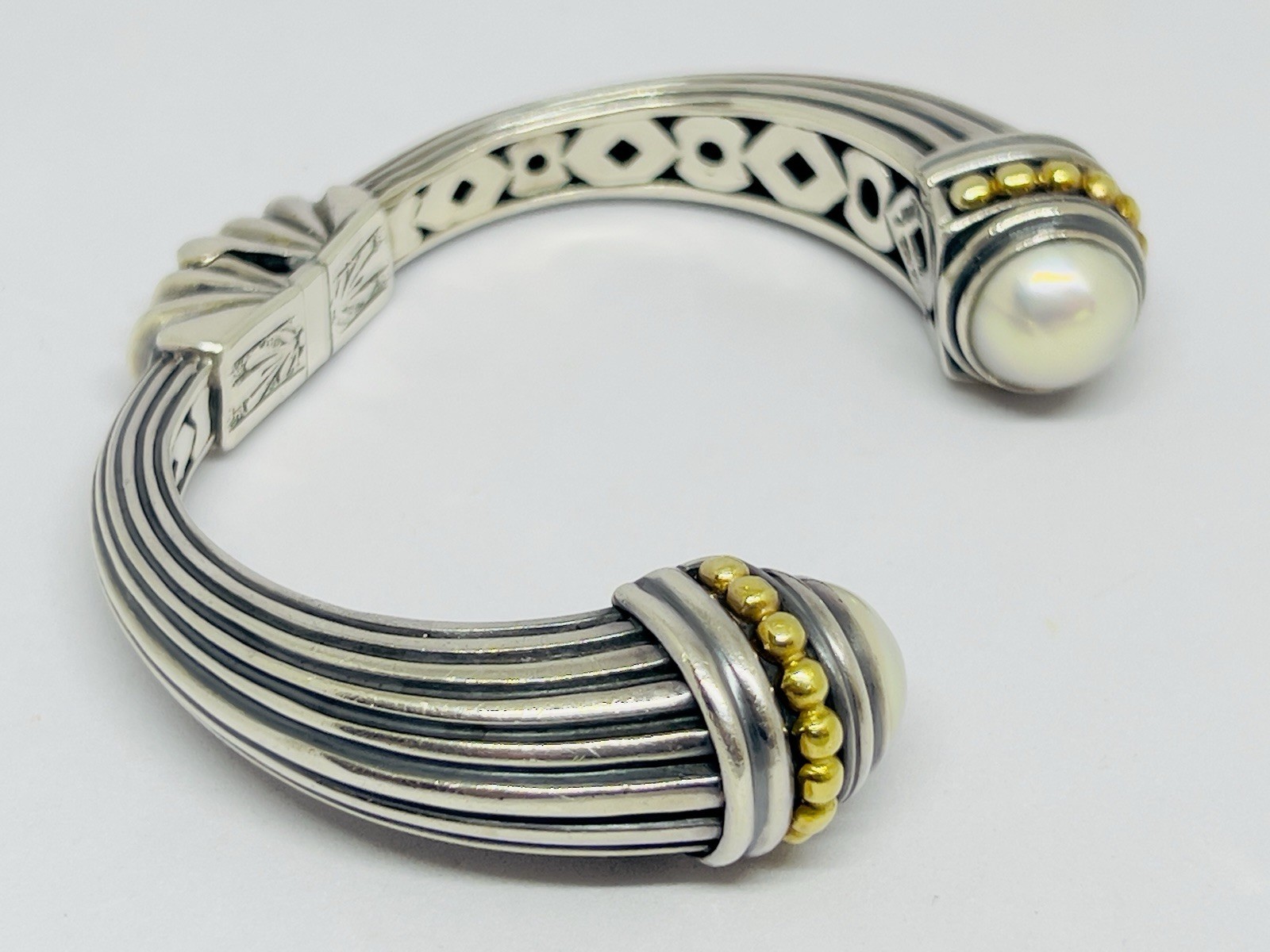LAGOS Caviar Heavy 925/18k Yellow Gold Hinged Cuff Bracelet Mabe Pearls 64.7 g
