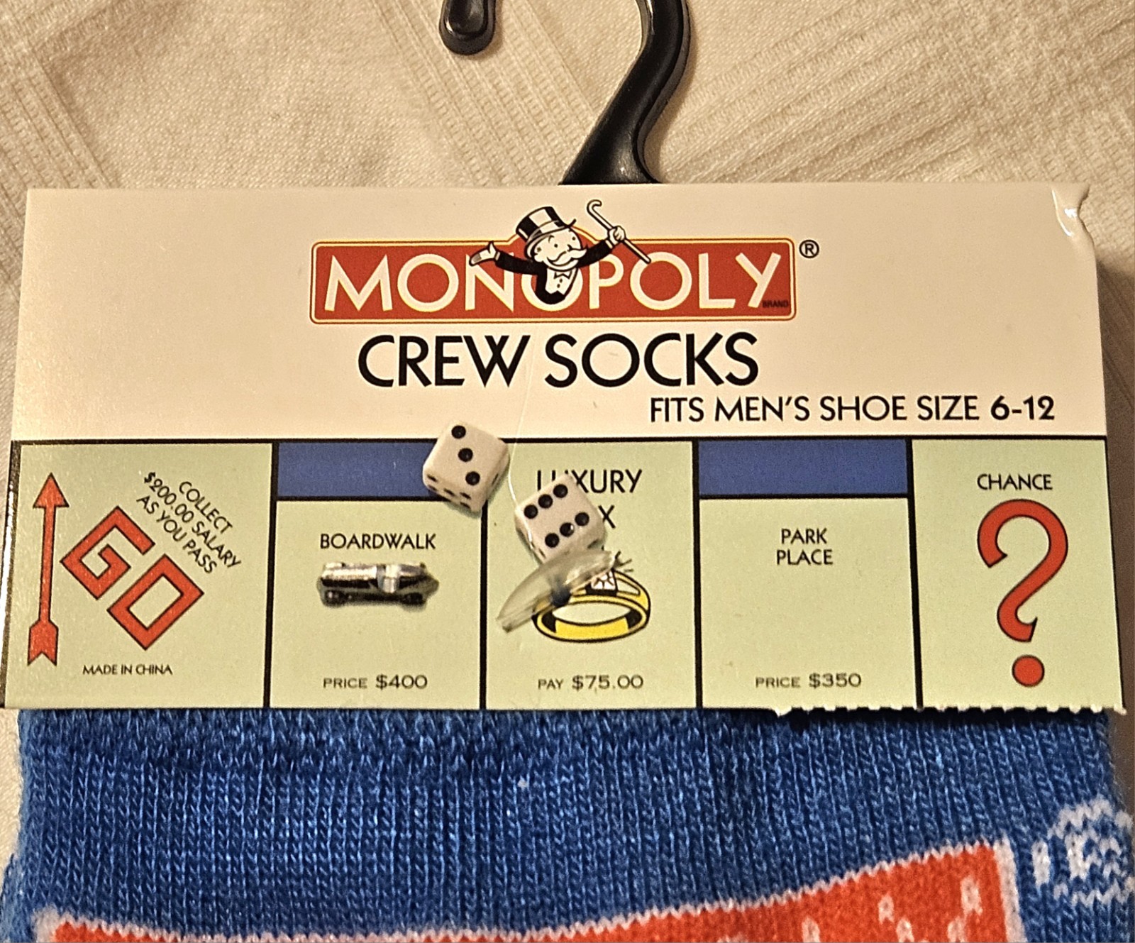 MONOPOLY GAME GO TO JAIL CREW SOCKS SHOE 1 Size 6-12 MEN WOMEN STOCKING STUFFER