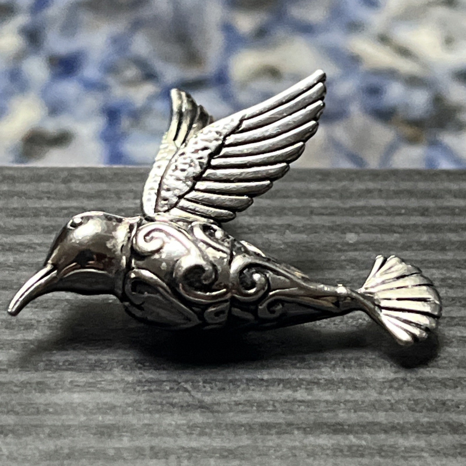 Sterling Silver Hummingbird In Flight Pendant Textured Wings 7.2g, engraved body
