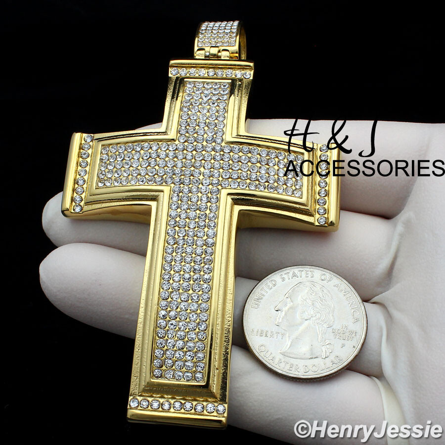 18″-40″Stainless Steel 9mm Gold Plated Cuban Chain BIG ICY CZ Cross Pendant*IP20