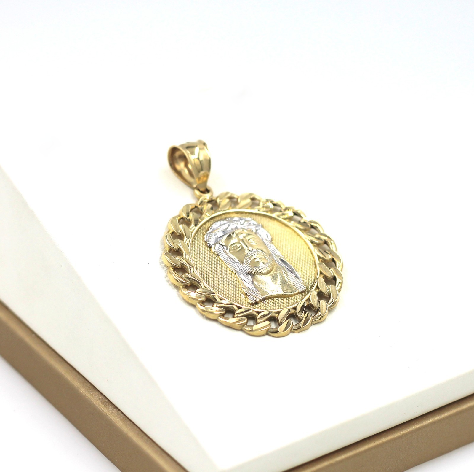 10K Gold Textured Round Jesus Head Medallion Cuban Link Border Pendant 48mm 6.3g