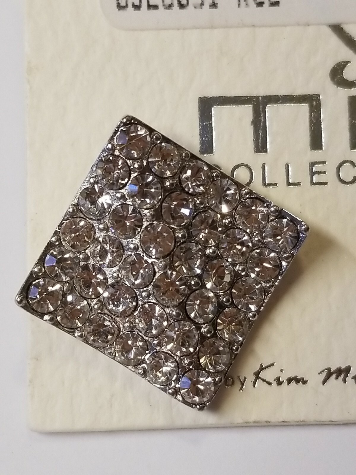 Earrings Kim Min Sun Mia Diagonal Square Silver Tone with Clear Faux Gems 1/2″