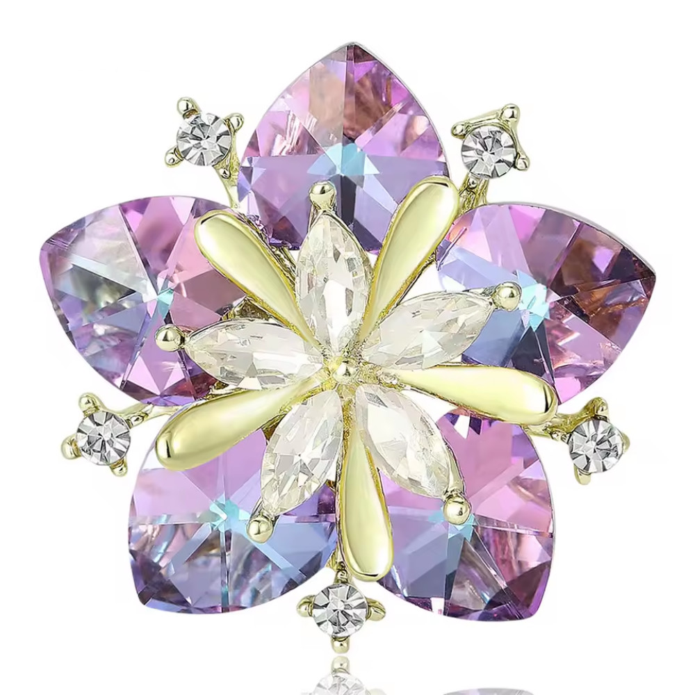 Purple Crystal Flower Brooch Gold Tone Pin Rhinestone Plant Summer Jewelry Gift
