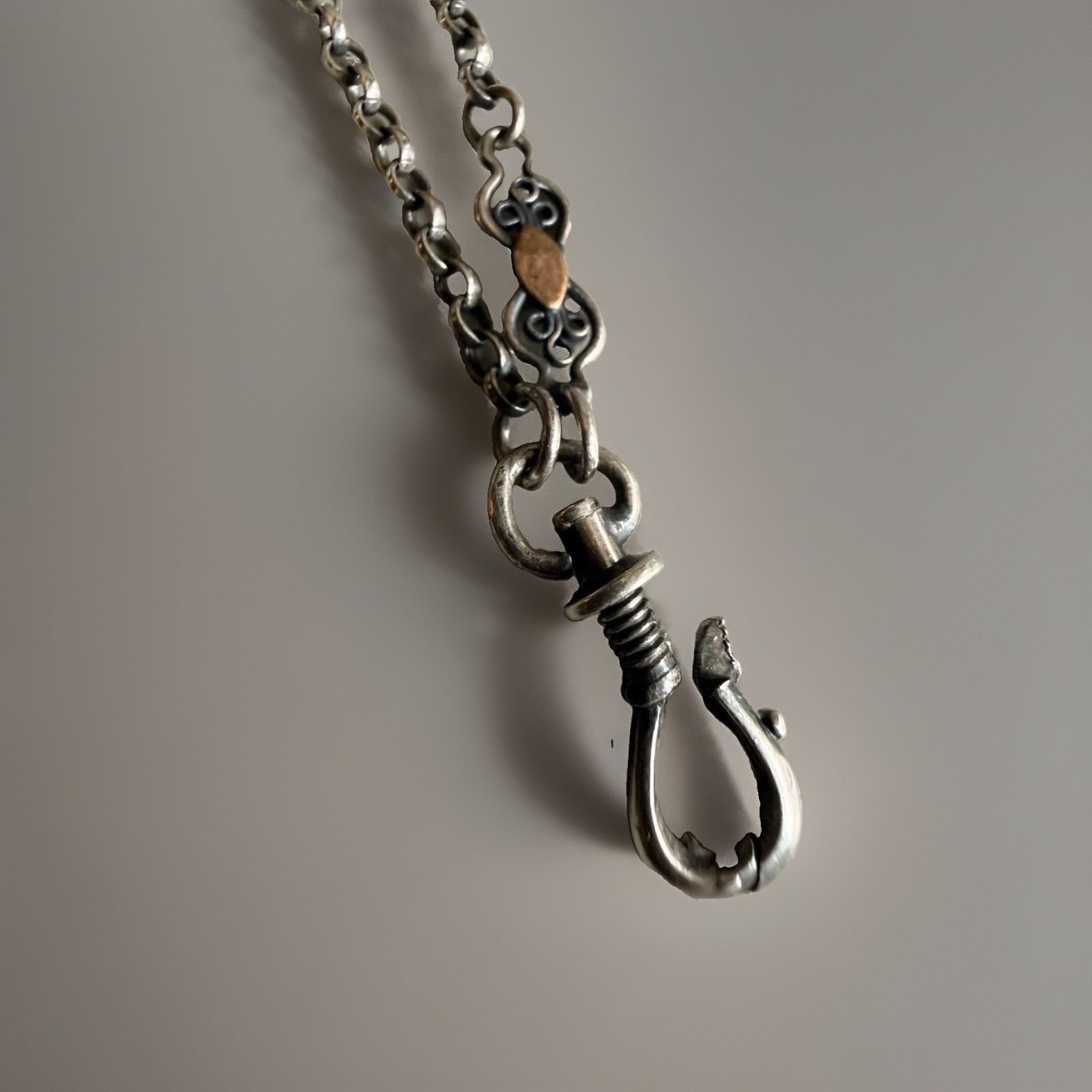 Antique Scandinavian Silver & Copper Long Guard/Sautoir Chain, 32” 13g