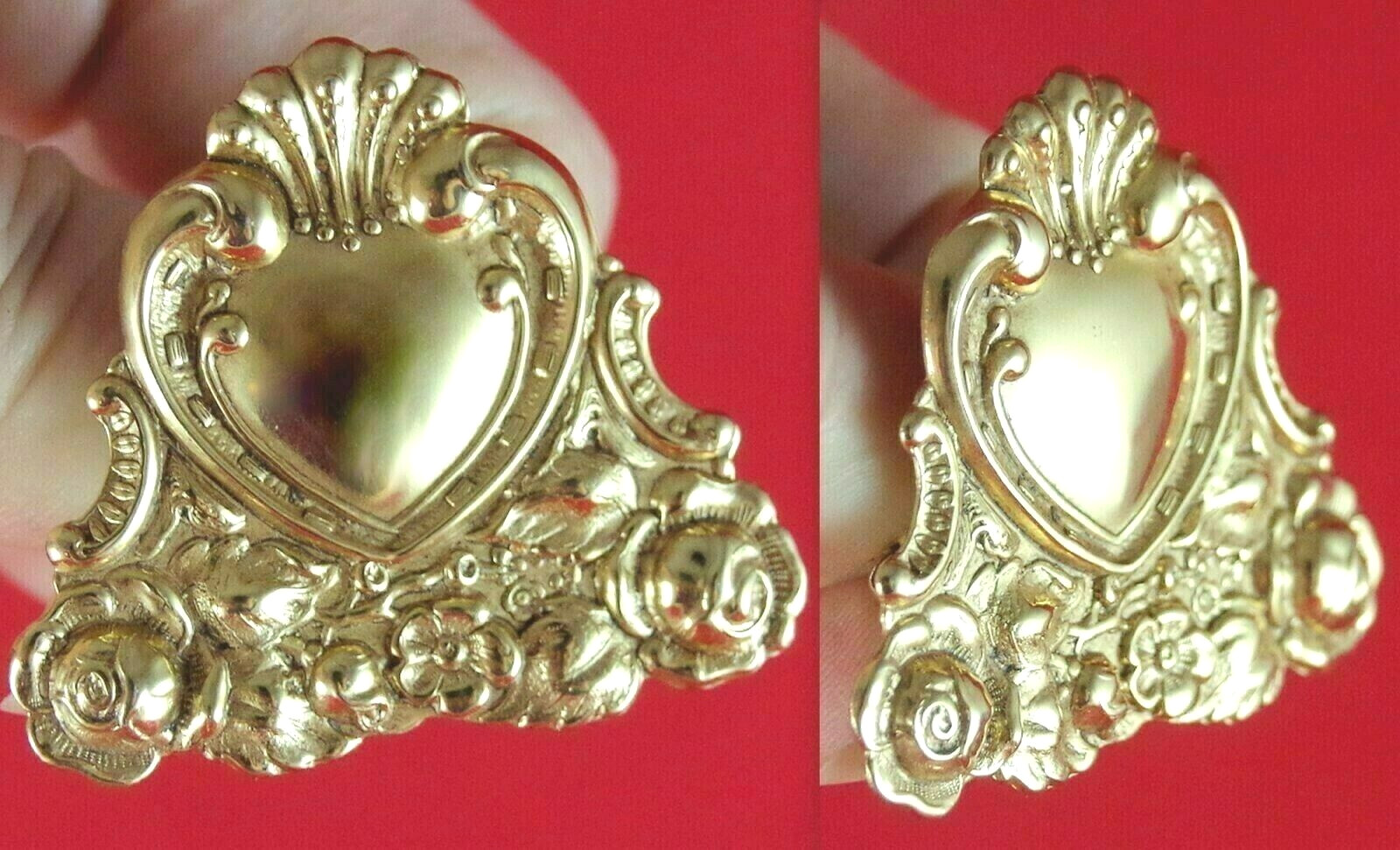 Minty! Lot 2 VTG 2.25″ ABSTRACT & VICTORIAN REVIVAL GOLD TONE HEART BROOCH PINS