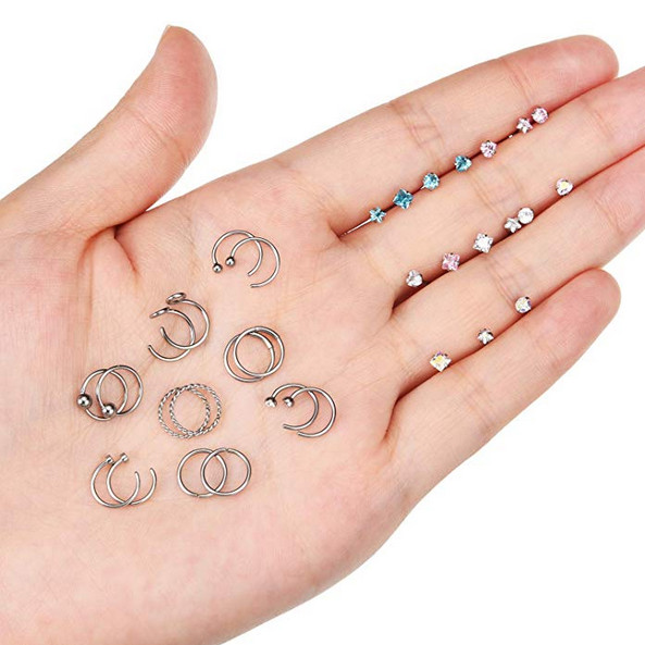 32PCS Nose Hoop Rings Bone Studs Pin 20G Surgical Steel Piercing Jewelry Set USA
