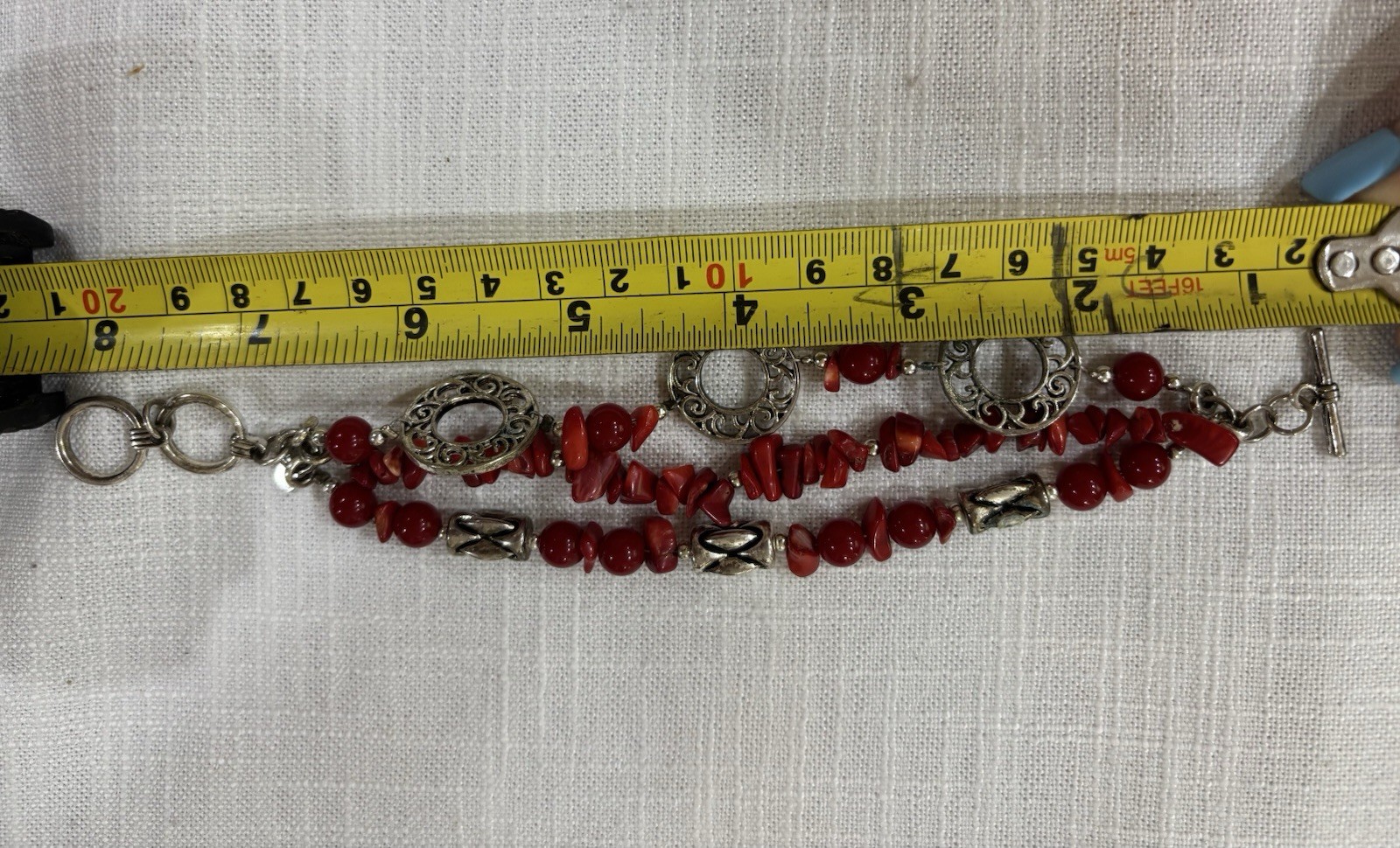 Red Chip Stone Beaded Necklace & Bracelet Set, Adjustable, Silver Tone